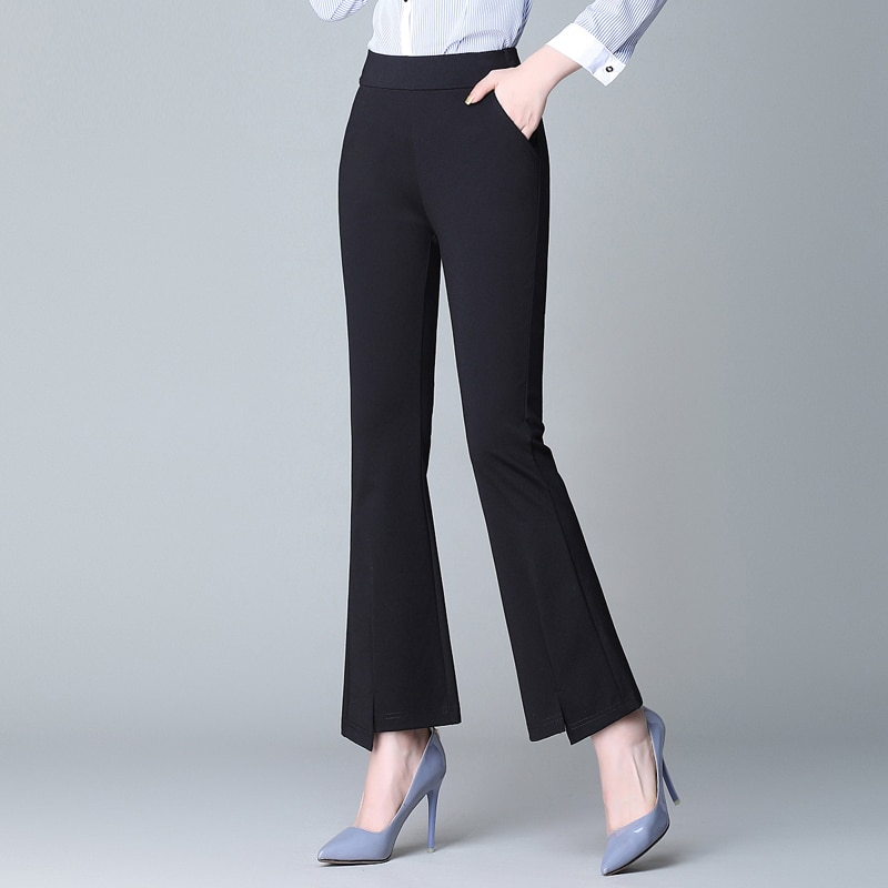 022 black slim stretch flared pants for women in spring and autumn, high waist and slim flared pants, thin split flared pants in