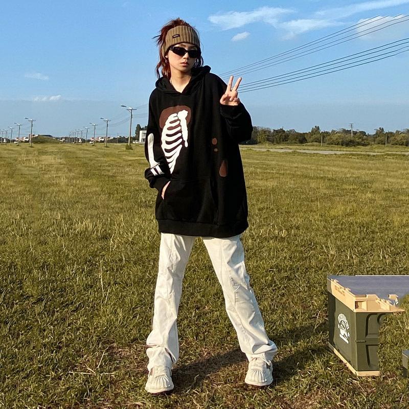 American retro street Y2K patch skull print hooded sweater sweatshirt men and women oversize niche high street jacket jacket ins