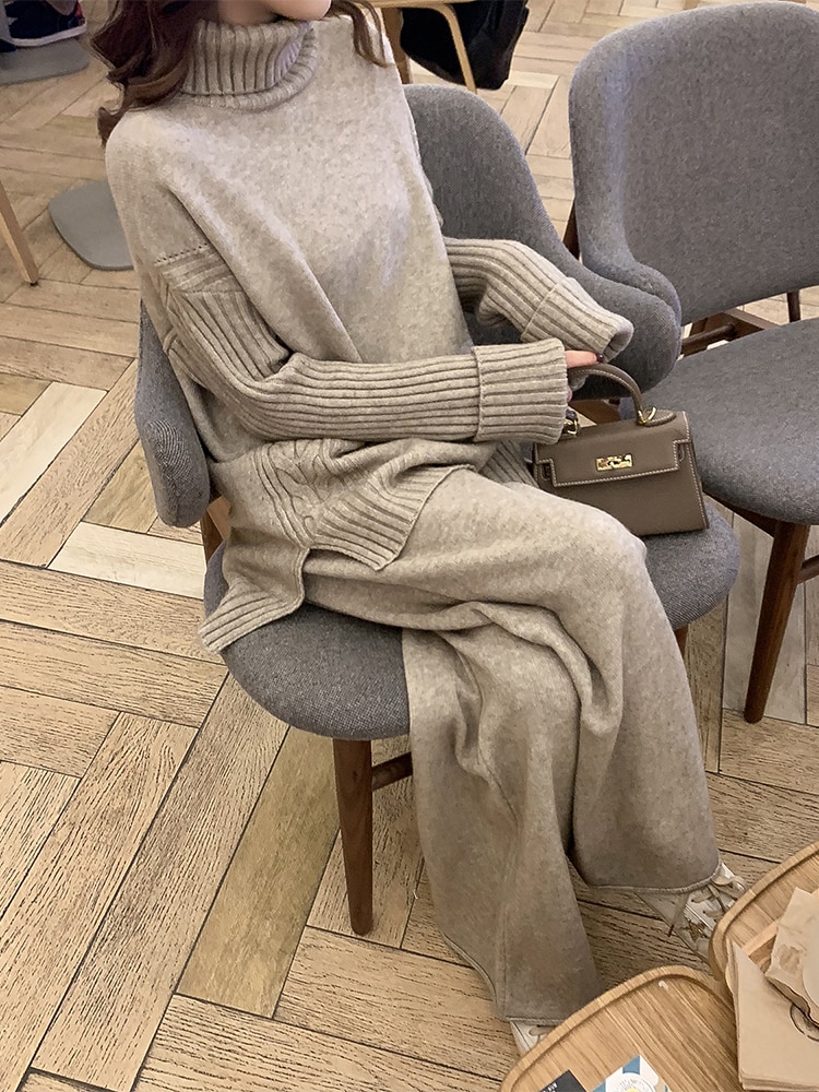 JXMYY Sweater Set Women Tracksuit Spring Autumn Knitted Suits 2 Piece Set Warm Turtleneck Sweater Pullovers Wide Legs Pants