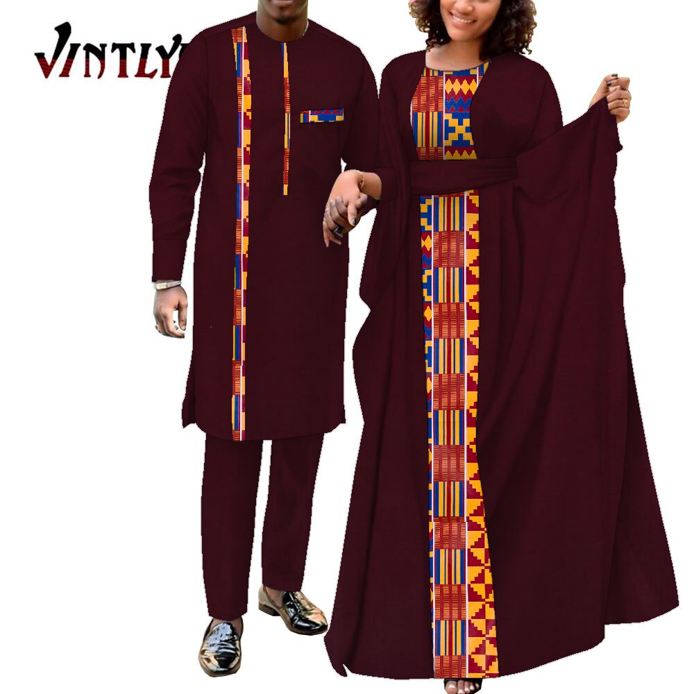 2 Pcs African Dresses for Women and Dashiki Men Suits Floral Print Couple Clothes Lovers Outfit Patchwork Robe Dress Wyq949