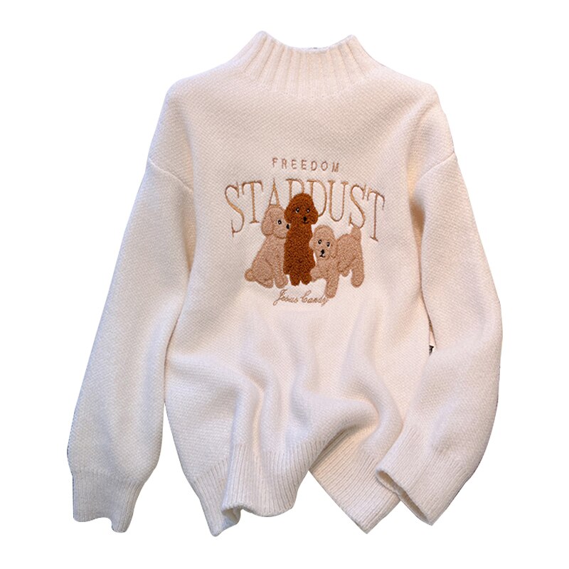 2023 New Women's Sweater Pullover Autumn Winter Cartoon Embroidered Long Sleeve Loose Tops Casual Fashion Ladies Jumper Knitwear