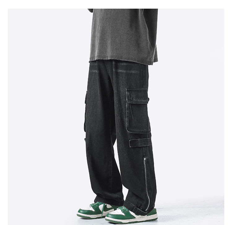 American retro jeans men and women zipper trousers large pockets high street overalls loose trousers comfortable wide leg pants