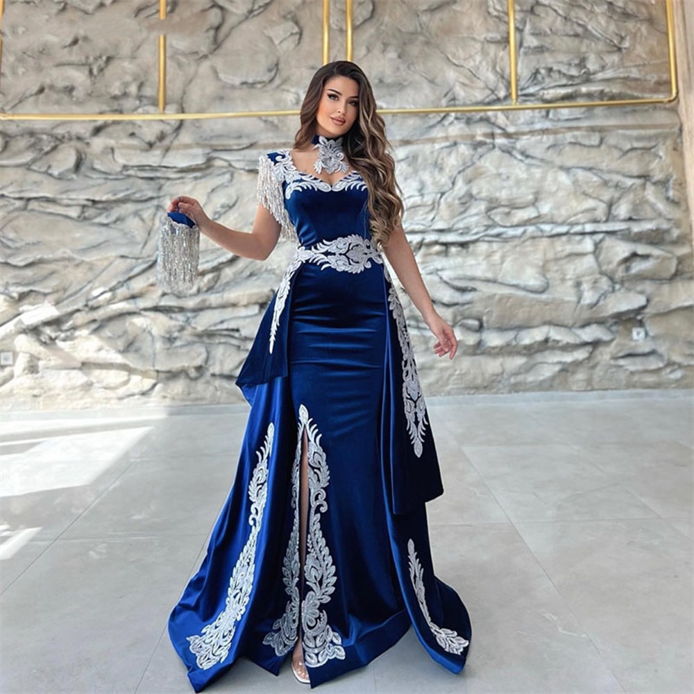 Moroccan Caftan Evening Dress Appliques Lace Cap Sleeve Royal Blue Mermaid Slit Arabic Prom Gowns Party Dress 2022