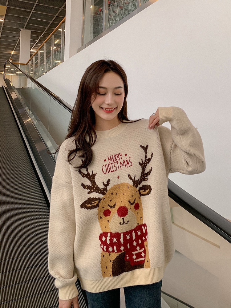 Autumn Winter O-Neck Knitted Year Christmas Pullovers for Women 2023 New Korean Fashion Casual Loose Thickening Sweaters Tops