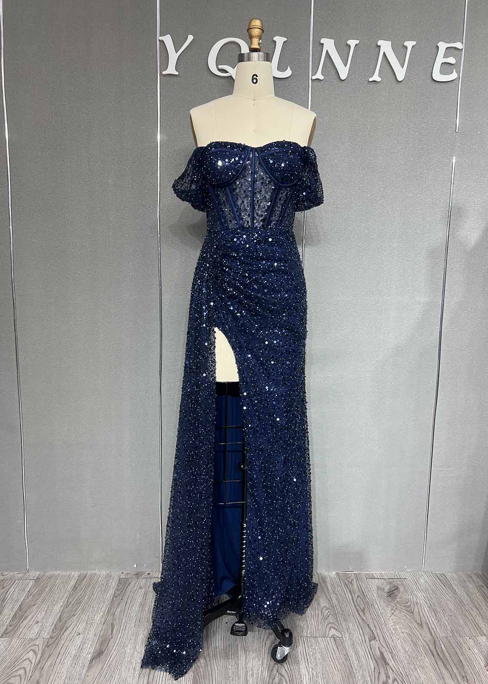 YQLNNE Sexy Slit Green Long Prom Dresses Off the Shoulder Sequins Beaded Back Zipper Formal Women Party Gown