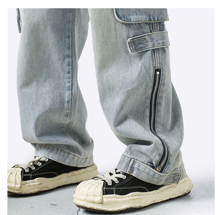 American retro jeans men and women zipper trousers large pockets high street overalls loose trousers comfortable wide leg pants