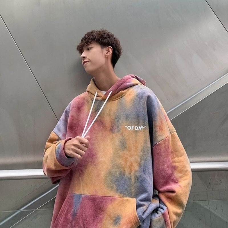 Couple tie dyed hooded sweater for men and women Korean version plush thickened long sleeve coat loose versatile top