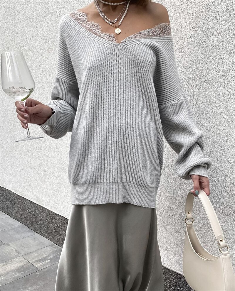 Soft Loose Knitted Sweater Women Autumn Winter New Lace V-neck  Basic Pullovers Female Casual Solid High Street Jumper