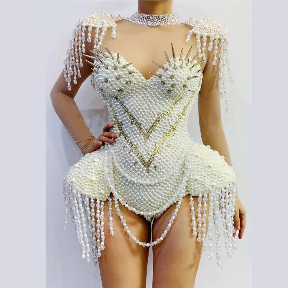 Designer Rivets Pearls Tassel Party Bodysuit Women White Sexy Fringes Dancer Leotard Nightclub Showgirl DJ Singer Stage Costumes