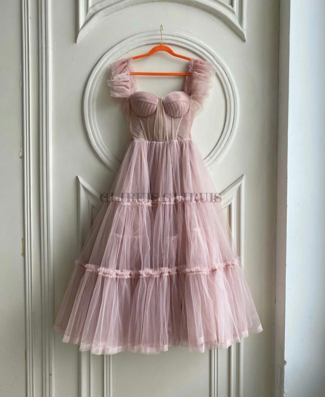 Simple Pink Short Prom Dresses Spaghetti Straps Tiered Tulle Tea-Length Wedding Party Dress Evening Wear Robes