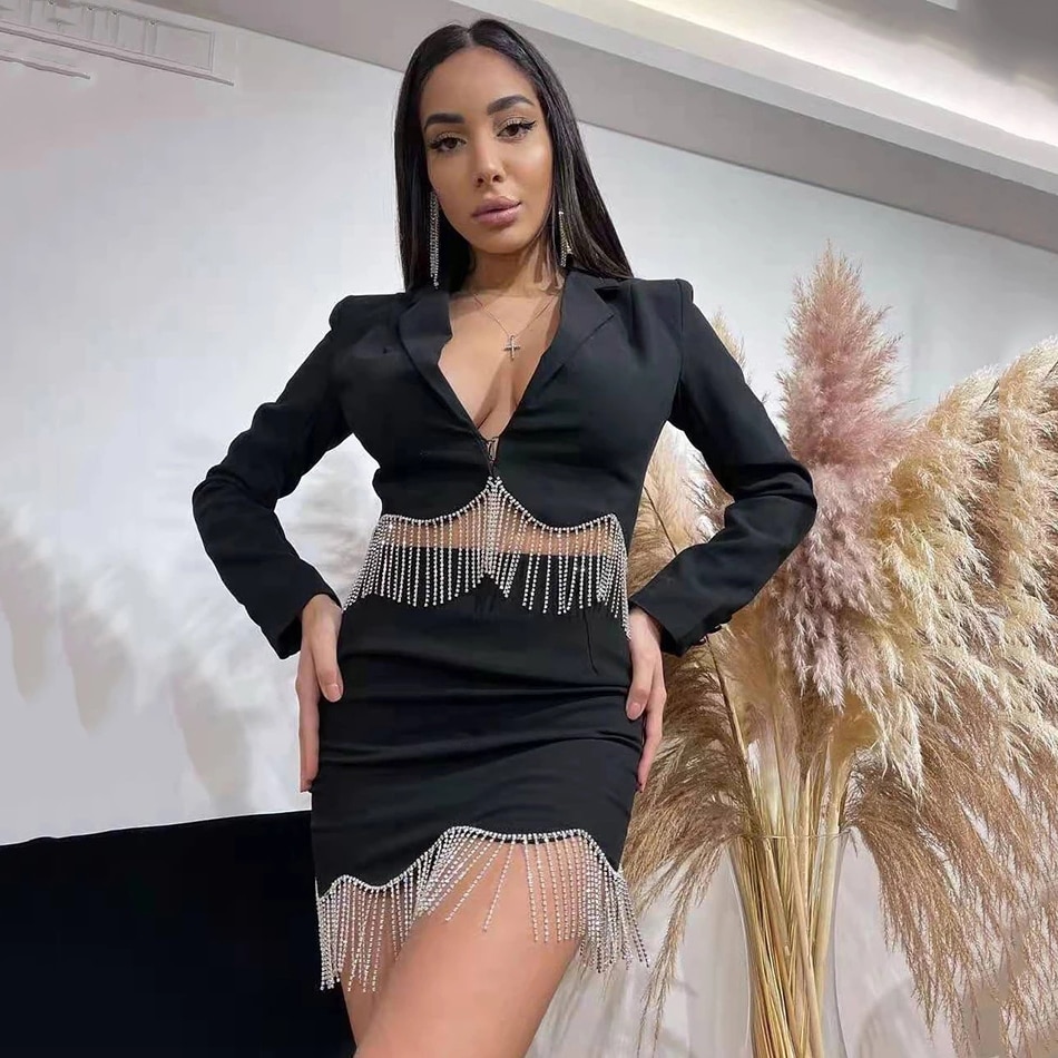 High-Quality Women'S Short Suit Jacket + Mini Skirt 2 Two-Piece Set Sexy Rhinestone Tassel High Waist Slim Set 2022 Autumn