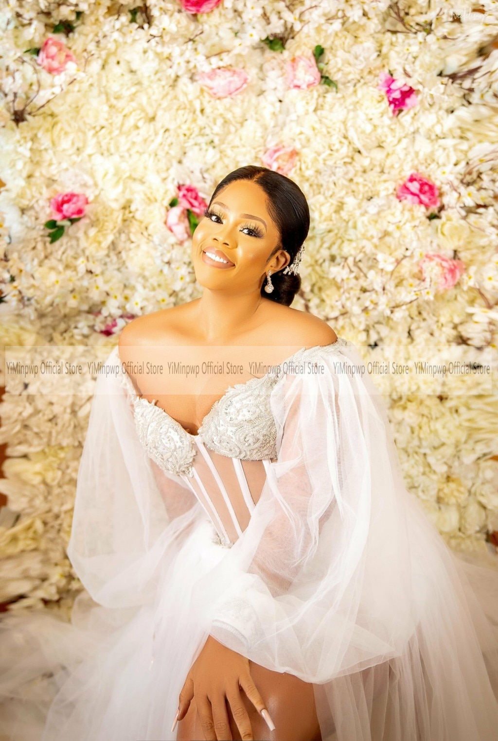 2022 White Wedding Dresses Bride Robes Bridal Shower Dress Off Shoulder Long Sleeve Side Split Sweep Train Beaded Tulle