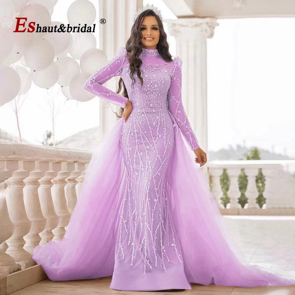 Elegant Pink Muslim Mermaid Evening Dress for Women 2022 Long Sleeves High Neck Beads Sequin Formal Prom Wedding Party Gowns