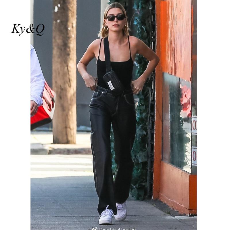 Hailey Same Women Black Loose Pu Leather Trousers 2022 New Vibe Fried Europe America Street High Waist Versatile Straight Pants