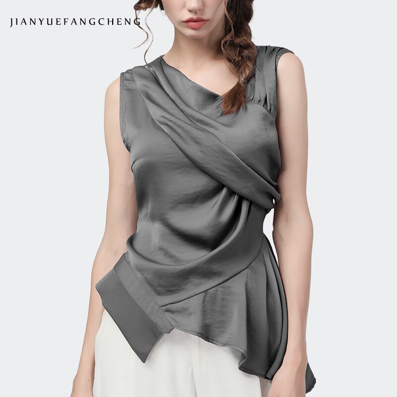 Newest 2020 Summer Women Tops Sleeveless Irregular Pleated Elegant Slim Shirt Fashion Solid Color Female Causal Office Blouses