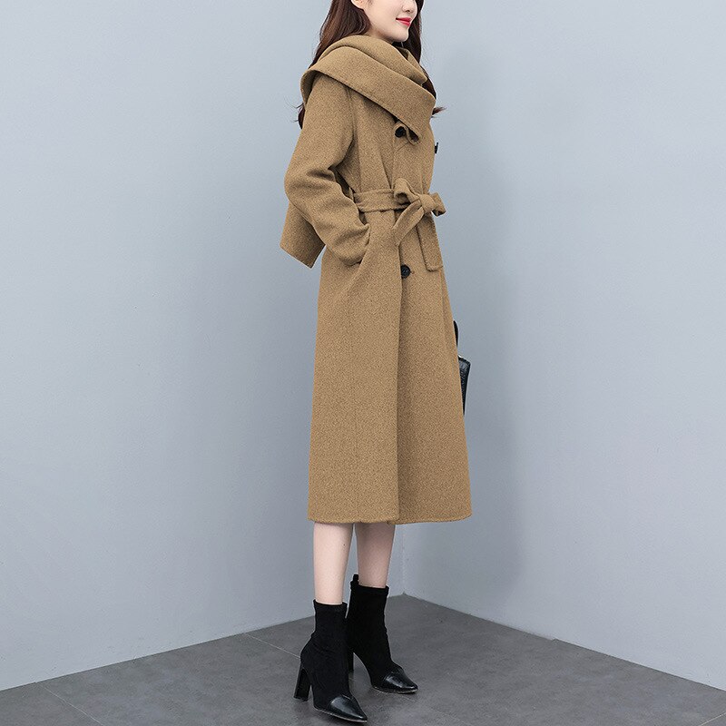 Korean High-End Scarf Collar Coat Double Breasted Sashes Woolen Long Temperament Women Autumn Winter Windbreaker Jacket T1078