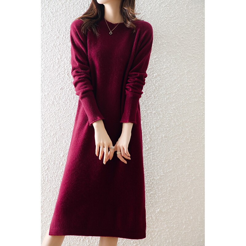 100% Pure Cashmere Knitted Women Dresses Elegante Dress Winter Soft Oneck Loose Jumpers Vestido Ladies Solid Long Sleeve Dress
