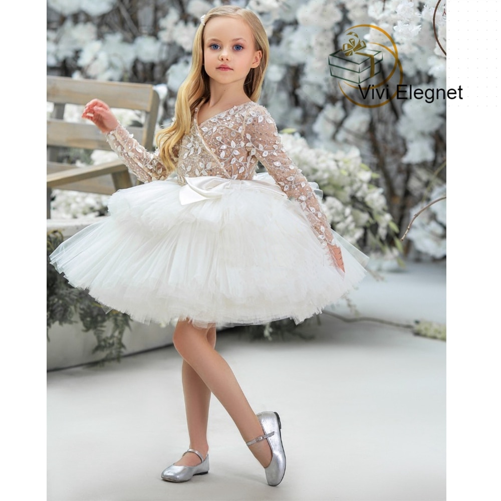 White Tutu Flower Girl Dresses for Princess Beads Full Sleeve Knee Length Child Communion Costumes 2022 Winter فساتين اطفال للعي