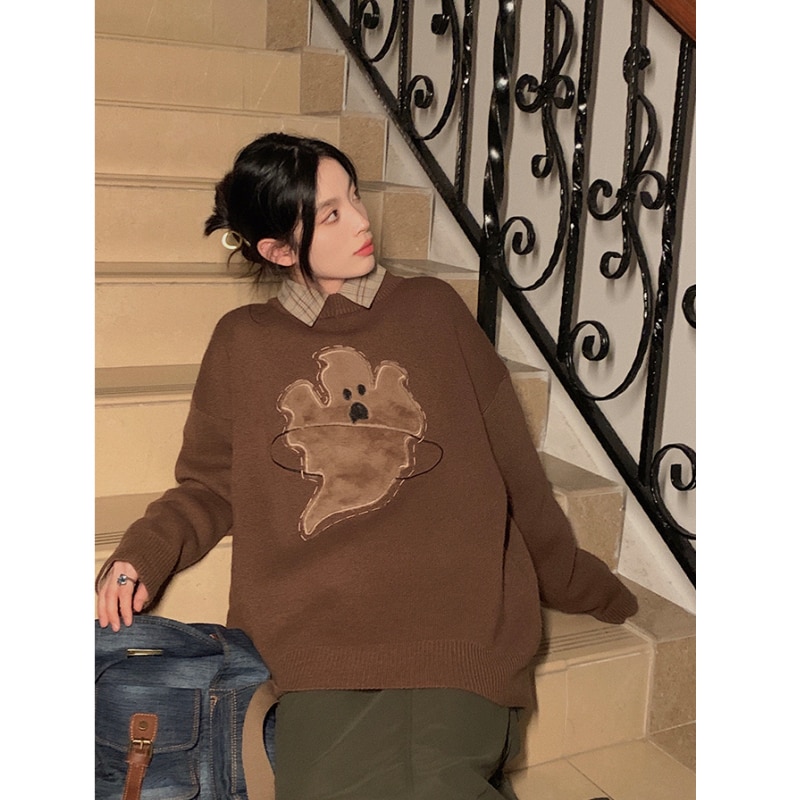 Vintage Women Apricot Sweater Round Neck Embroidery Fashion Leisure Lazy Wind Loose Winter Female Thicken Warm Knitting Pullover