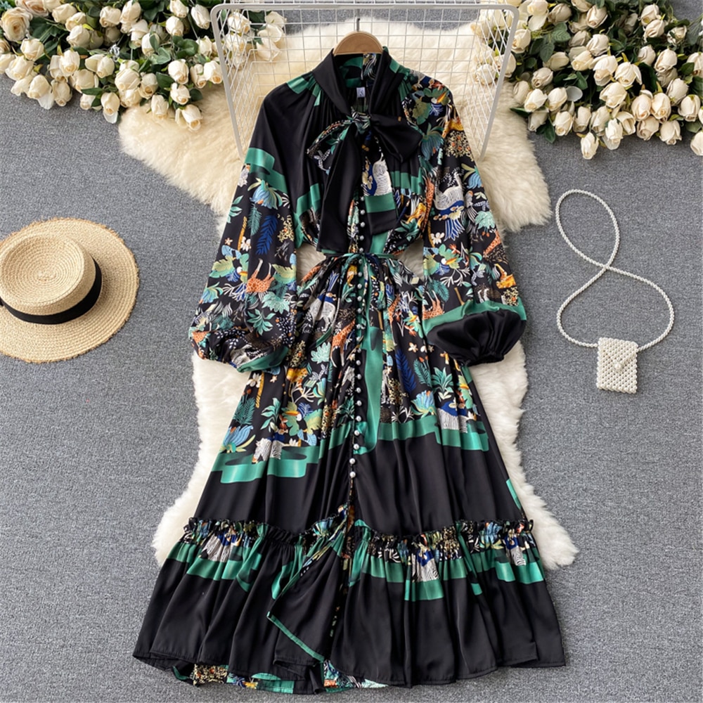 Boho Indie Folk Women Printed Loose Dress Autumn Fashion Bandage Long Sleeve Pleated Dresses Vintage Vestidos Female Clothing