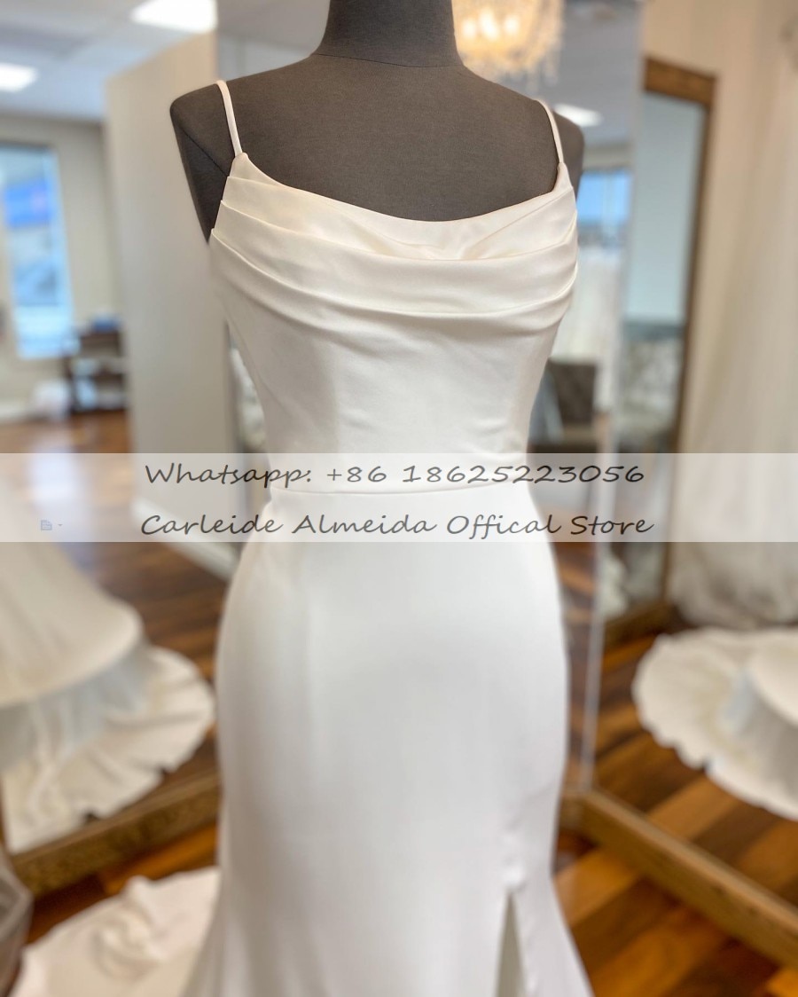 Spaghetti Straps Soft Satin Simple Wedding Dresses for Beach Side Slit Low Back Sexy Cheap Bridal Gowns for Wedding
