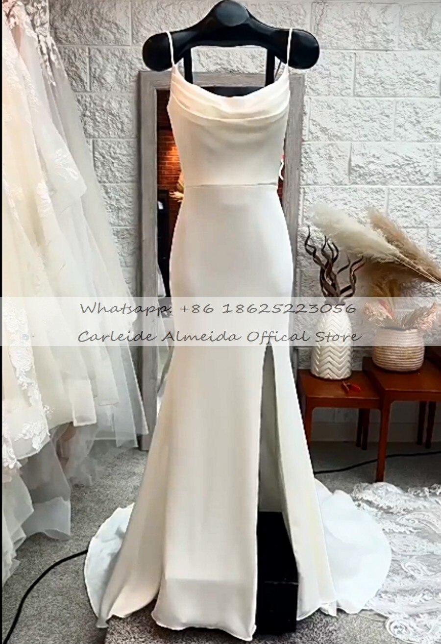 Spaghetti Straps Soft Satin Simple Wedding Dresses for Beach Side Slit Low Back Sexy Cheap Bridal Gowns for Wedding