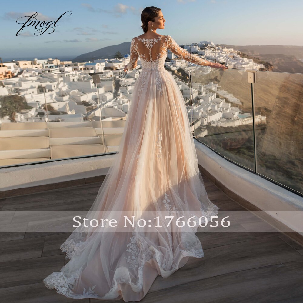 Fmogl Sexy Illusion Long Sleeve Lace Mermaid Wedding Dresses 2022 Luxury Appliques Button Detachable Train Trumpet Bride Gown