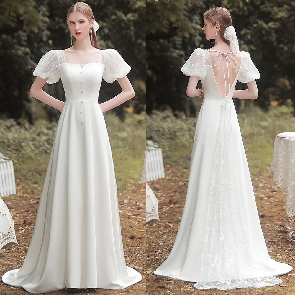 Simple Satin Wedding Dresses Lace Puff Short Sleeves Backless Bridal Gowns A-Line Sweep Train Beach Bride Gown Vestidos De Novia
