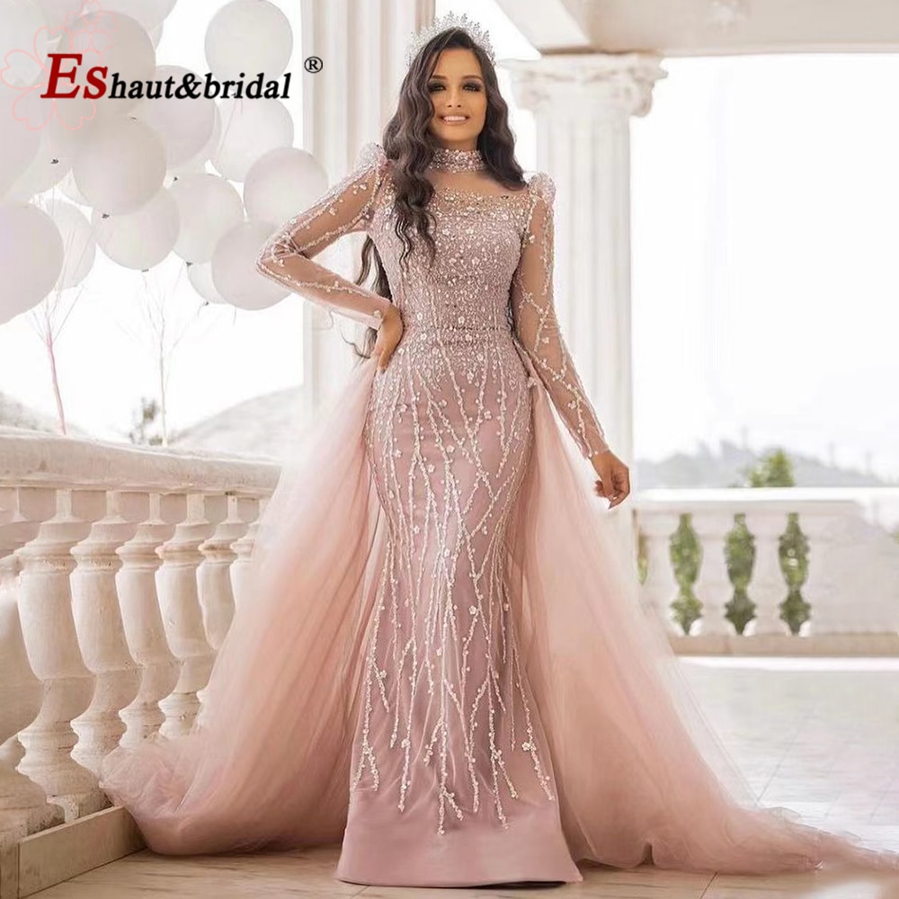 Elegant Pink Muslim Mermaid Evening Dress for Women 2022 Long Sleeves High Neck Beads Sequin Formal Prom Wedding Party Gowns