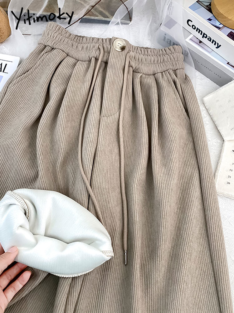 Yitimoky Wide Leg Pants Streetwear Women Thicken Warm Corduroy Elastic High Waist Techwear Autumn Winter 2022 Pink Drawstring