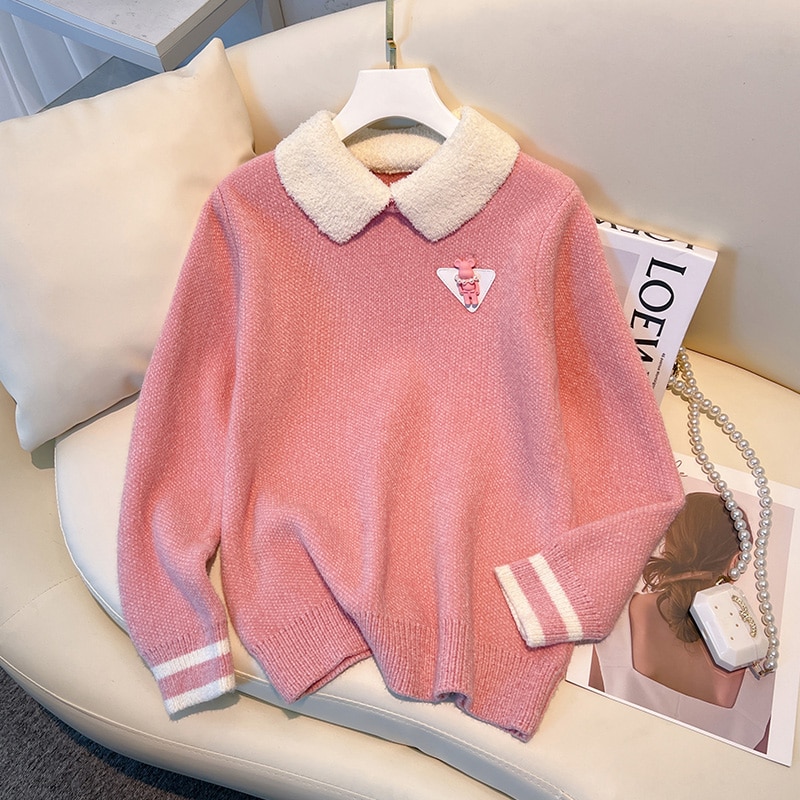 New Patchwork Knitted Sweater Women 2023 Autumn Winter Long Sleeve Turn-down Collar Pullover Tops Elegant Fashion Chic Ladies