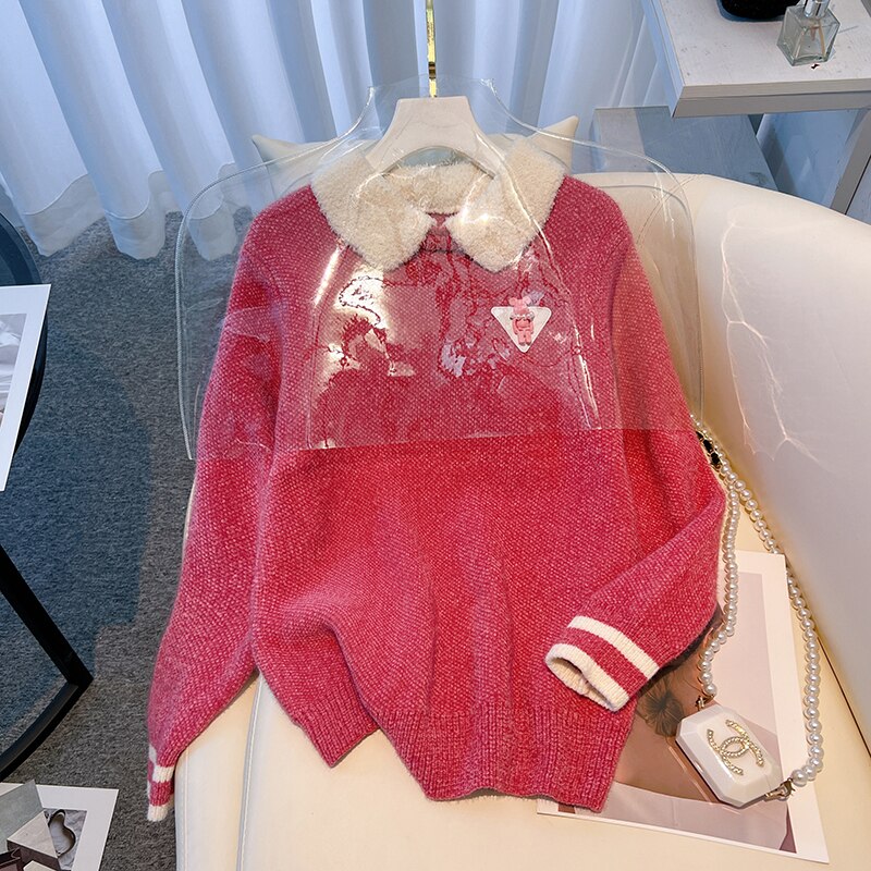 New Patchwork Knitted Sweater Women 2023 Autumn Winter Long Sleeve Turn-down Collar Pullover Tops Elegant Fashion Chic Ladies