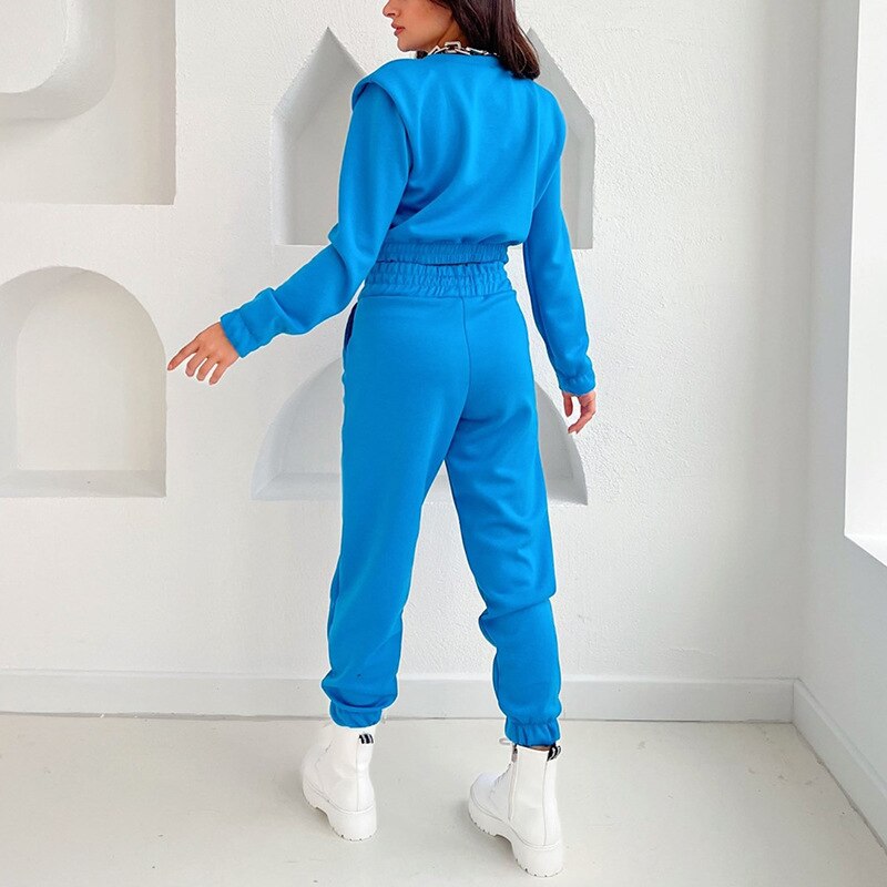 Autumn Winter tracksuit set women casual crop top and Elastic waist long pants two piece set Lady solid color pullover top set