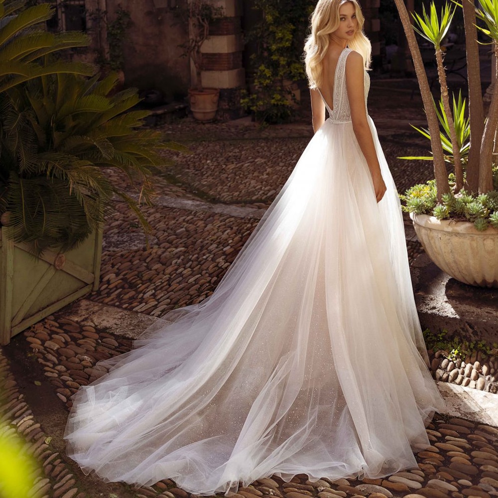 LaBoum Glitter V-Neck Tulle Wedding Dresses Beaded Sleeveless A-Line Bridal Gowns Modern V-Back Robe Mariage Femme Floor Length