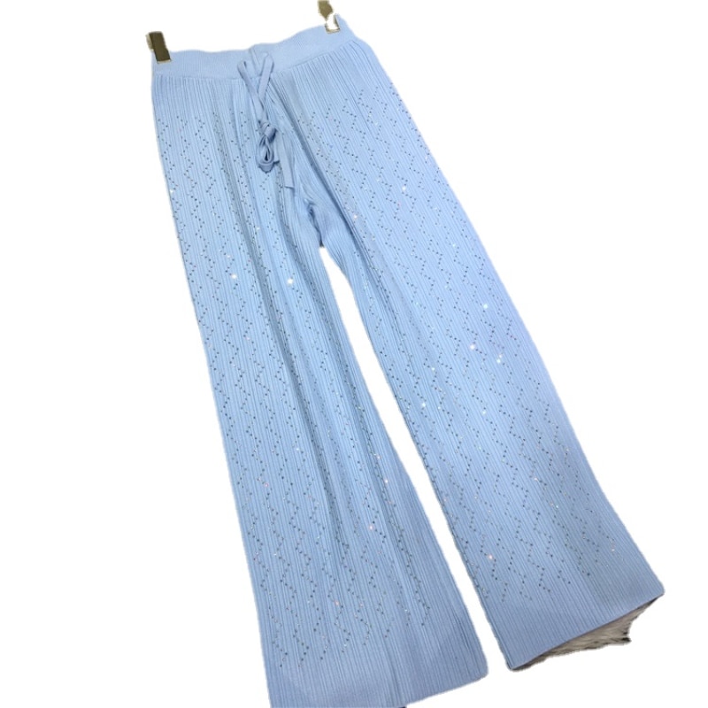 European Fashion Women's Knit Pants Heavy Embroidery Rhinestone Wide-Leg Pants Slimming Trousers High Waist Autumn Winter 2022