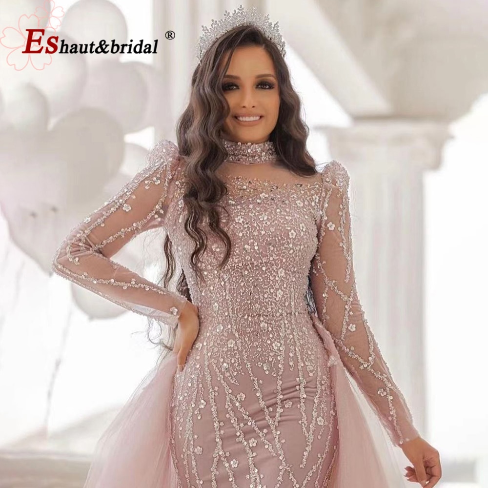Elegant Pink Muslim Mermaid Evening Dress for Women 2022 Long Sleeves High Neck Beads Sequin Formal Prom Wedding Party Gowns
