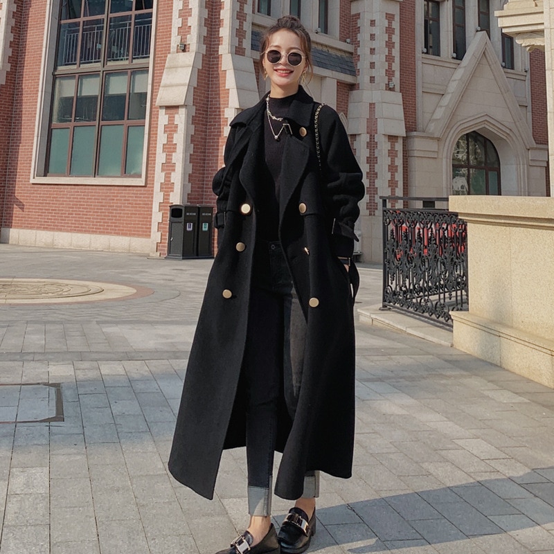 Fashion Elegant Black Woolen Coat 2022 Autumn And Winter New Loose Double-breasted Temperament Hepburn Long Red Overcoat Jacket