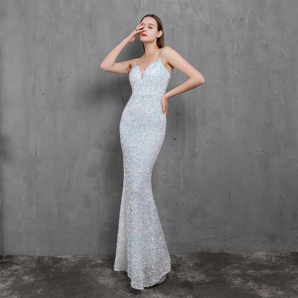 ED18523 Sling V Neck Long Evening Dress Mermaid Party Gowns Sexy Sequined Beading Formal Dress Prom Gown Backless For Wedding