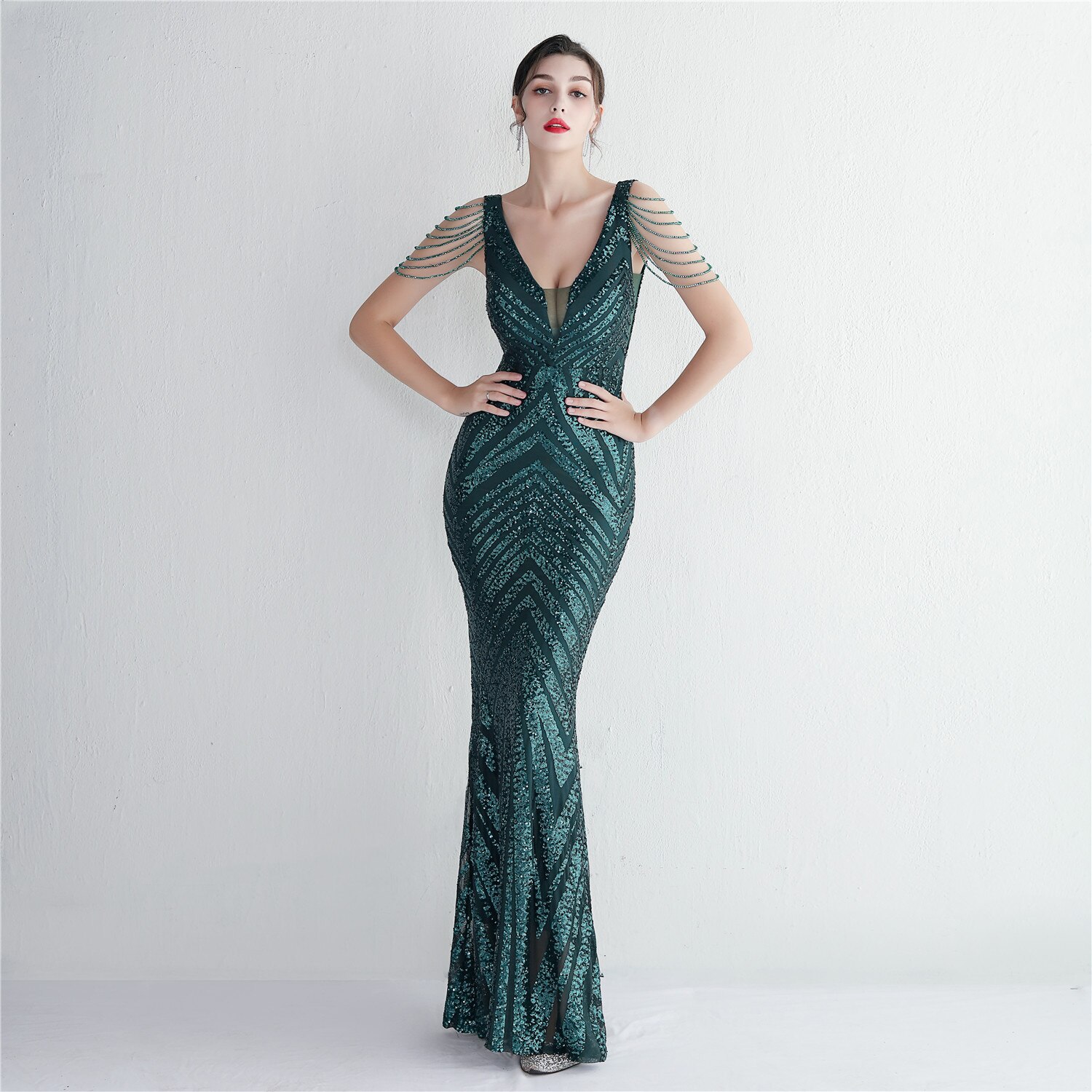 Beauty-Emily Beading V-Neck Women Evening Dress Luxury Long Mermaid Party Dress Sleeveless ED19639 Sexy Prom Gowns Appliques