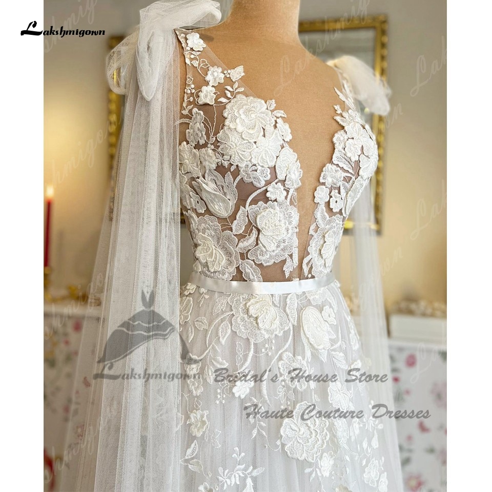 Robe Mariage Civil Bohemian Wedding Dress V Neck Floral Lace Sexy Bridal Off White Tulle Long Beach Wedding Gowns 2023 Open Back