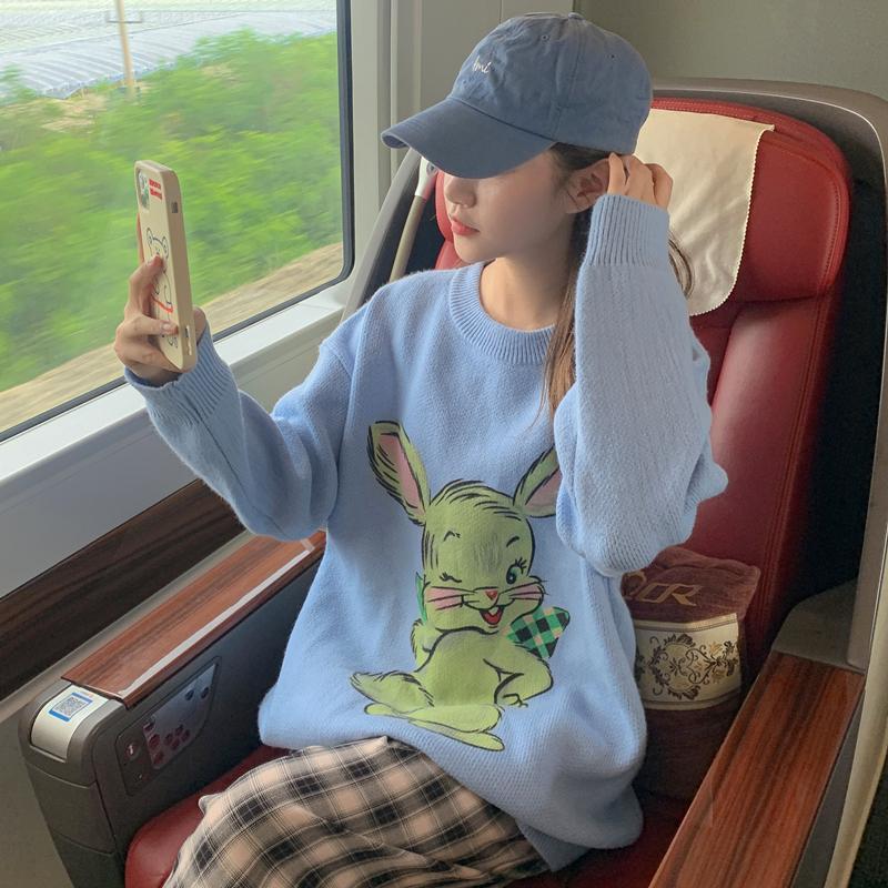 Korean Style Cute White Rabbit Fairy Grunge Sweater Casual Loose Pullover Autumn Vintage Harajuku Women Goth Sweater Y2k Top