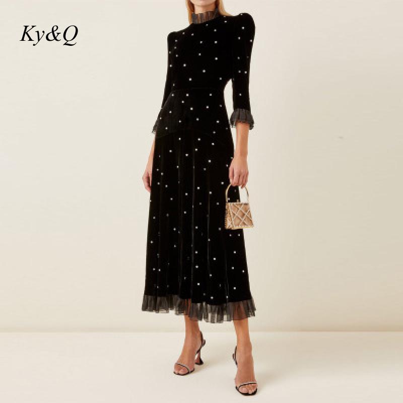 2021 Women Elegant Solid black Shiny Sequin diamond Mesh Patchwork Velvet Party Dress flounces Long Sleeve High Neck Midi Dresse
