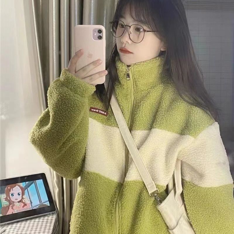 Deeptown Women Zip Up Jackets Lambs Wool Kawaii Harajuku Jacket Green Thick Fleece Fuzzy Coats Loose Chic Spliced Korean Fashion