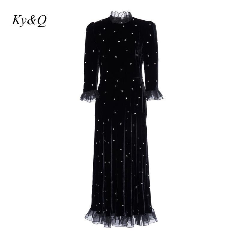 2021 Women Elegant Solid black Shiny Sequin diamond Mesh Patchwork Velvet Party Dress flounces Long Sleeve High Neck Midi Dresse