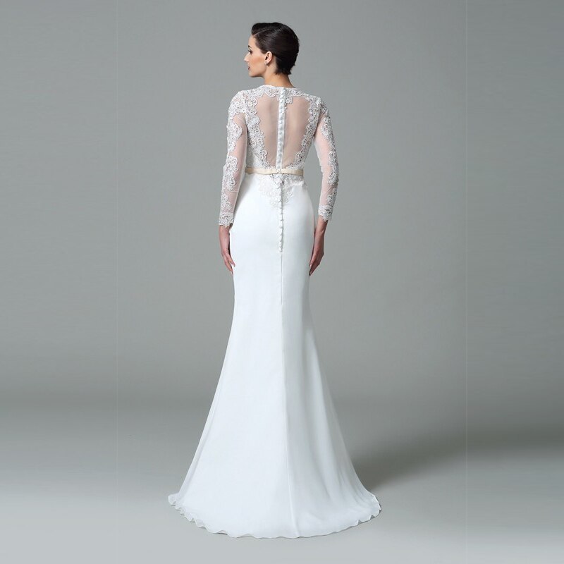LaBoum Elegant O-Neck Mermaid Wedding Dresses Lace Appliques Long Sleeves Bridal Gowns Illusion Back Robe De Marie Sweep Train