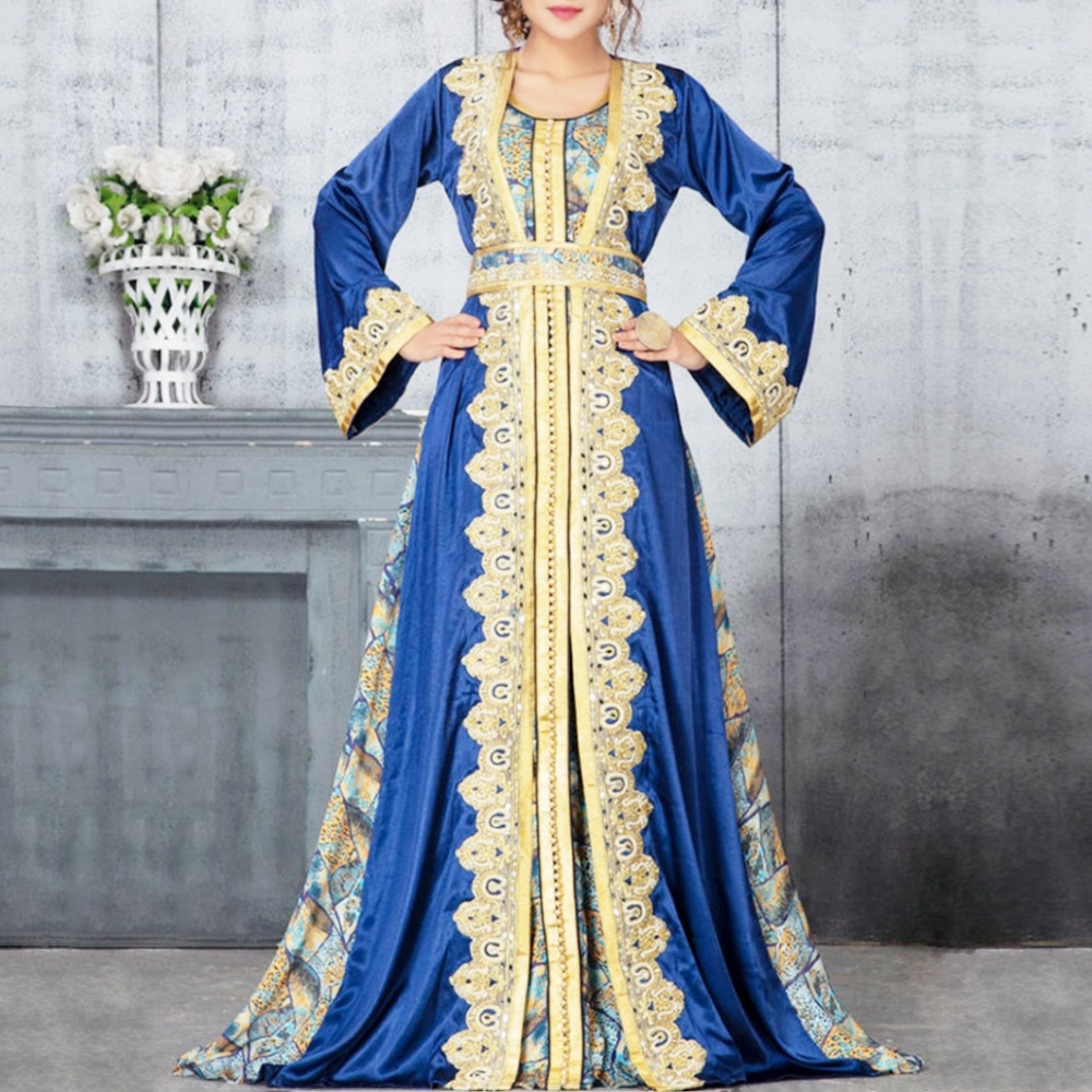 Muslim Printing Longue Dresses Women Abayas Middle East Arabic Elegant Robe Femme Fashion Belted Kaftans Evening Gown Vestidos