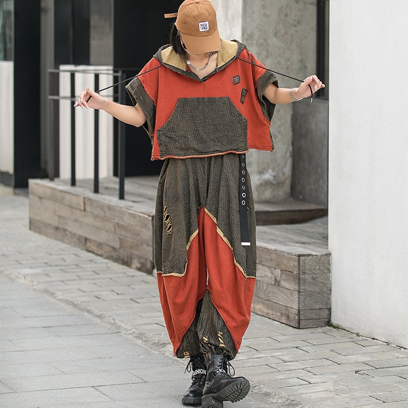 Women's Set Fashion Contrasting Color Stitching Hooded Suit 2022 Summer New Oversized Loose Personality Wide-leg Pants Two Sets