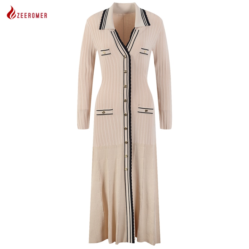 2022 France High-Quality Knitting Stripes Contrast V Neck Long Sleeve A-Line Dress Women Elegant Single-breasted Slim Long Dress