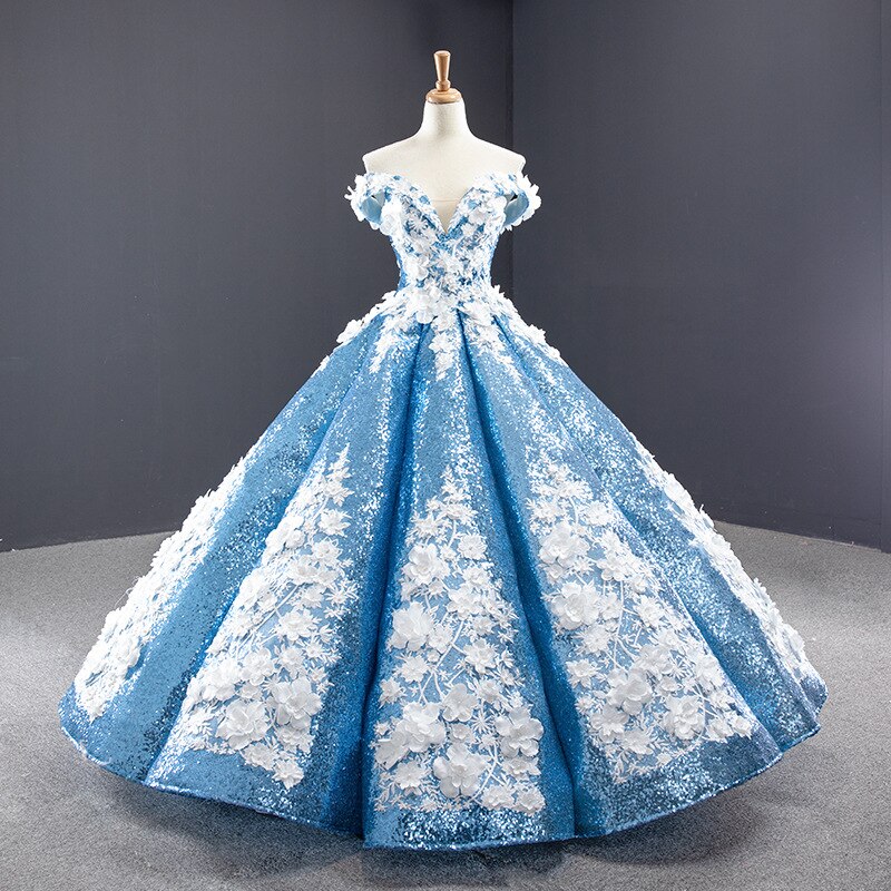 Sky Blue 3D Flowers Quinceanera Dresses One Shoulder Prom Gowns Dreaming Floral Flower Straps Beaded Corset Back Sweet 15 16