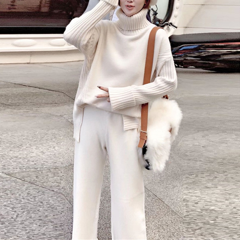 GIGIYW Winter Fashion High Neck Split Thickened Sweater Wide Leg Pants Slouchy Loose Knitted Set Women Autumn Winter 2022 New